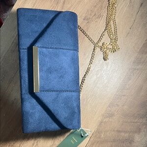 Chic Navy Suede Clutch with Gold Chain